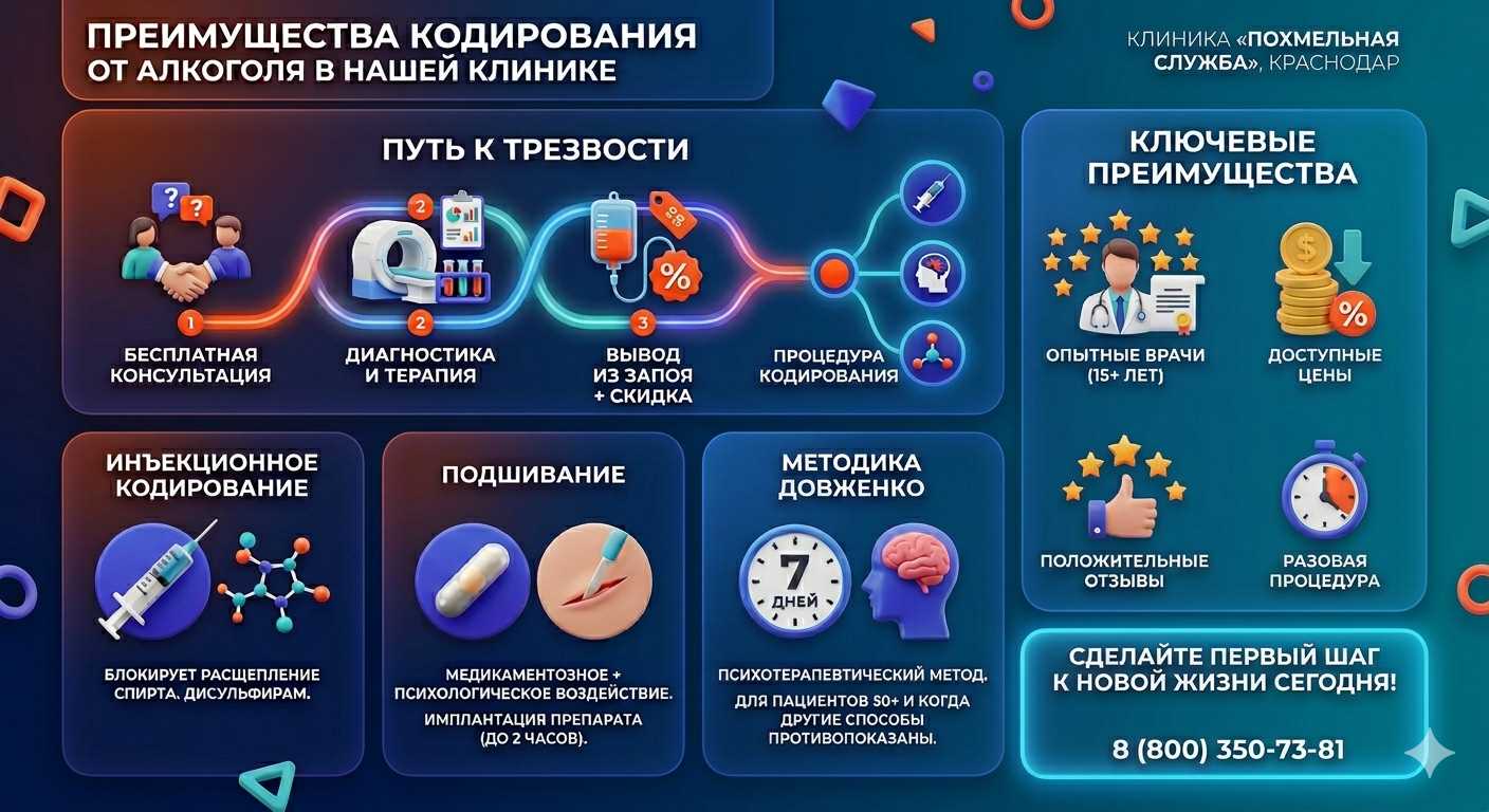 Инфографика о методах кодирования от алкоголя в Новокуйбышевске: инъекции, подшивание, метод Довженко. Преимущества клиники и этапы лечения.