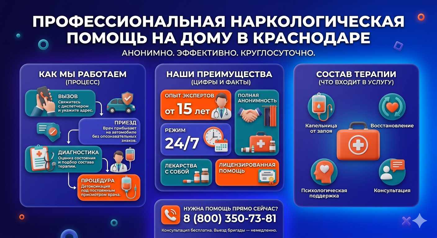 Инфографика о принципах лечения алкоголизма на дому в Новокуйбышевске: этапы вызова нарколога, преимущества анонимной детоксикации и состав медицинской помощи.